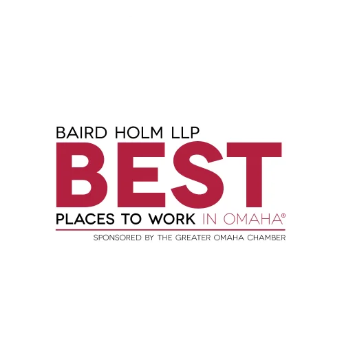 Circular badge with grey borders listing Milan Laser Hair Removal as one of the best places to work in Omaha by Baird Holm LLP